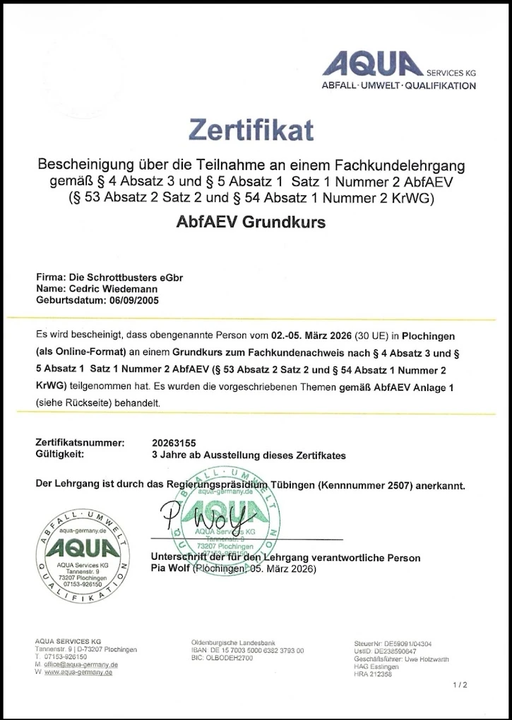 Fachkunde – AbfAEV-Grundkurs – Nachweis für Cedric Wiedemann