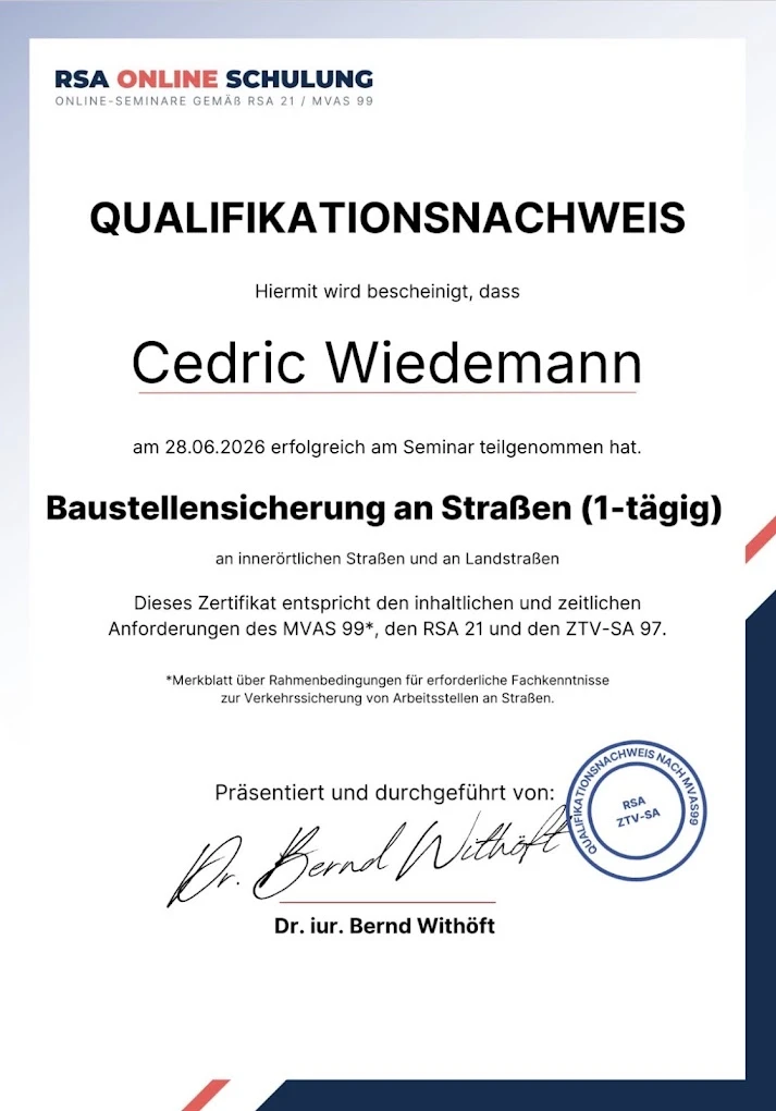 Baustellensicherung – RSA 21 / MVAS 99 – Nachweis für Cedric Wiedemann