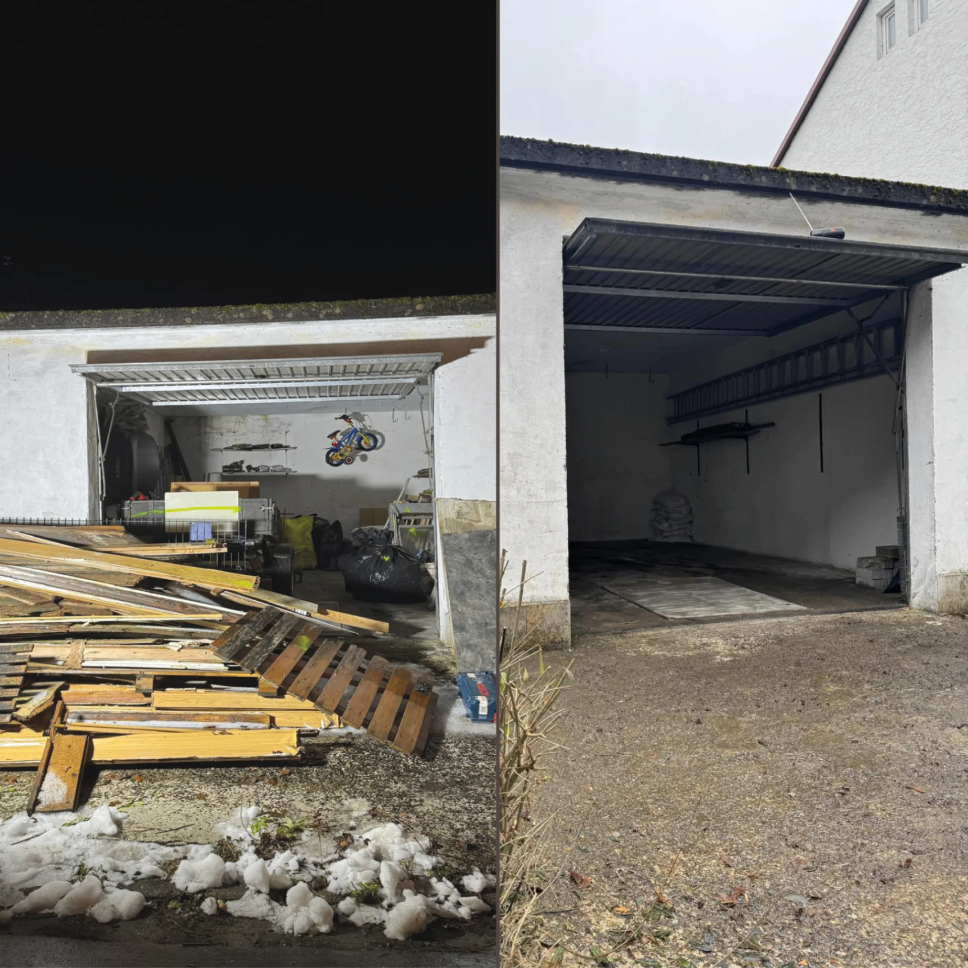 Vorher und nachher: Komplett entrümpelte Garage in Mittelfranken